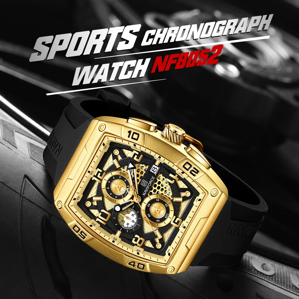 Fashion Brand NAVIFORCE Men Gold Design Quartz Watches Casual Male Wrist Watch Large Dia Multi-function PU Waterproof Clock