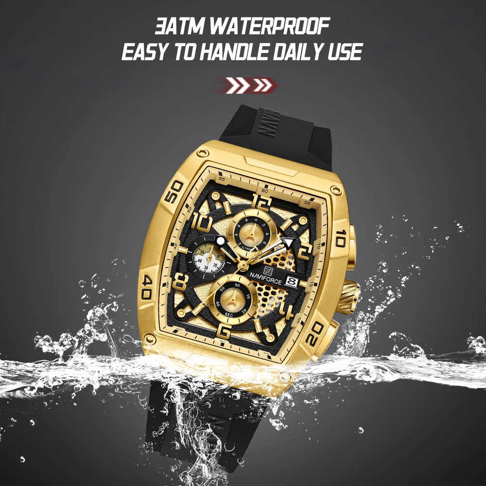 Fashion Brand NAVIFORCE Men Gold Design Quartz Watches Casual Male Wrist Watch Large Dia Multi-function PU Waterproof Clock