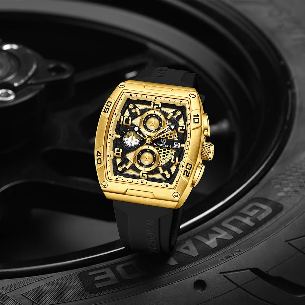 Fashion Brand NAVIFORCE Men Gold Design Quartz Watches Casual Male Wrist Watch Large Dia Multi-function PU Waterproof Clock