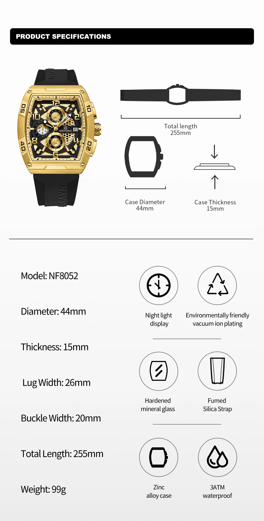 Fashion Brand NAVIFORCE Men Gold Design Quartz Watches Casual Male Wrist Watch Large Dia Multi-function PU Waterproof Clock