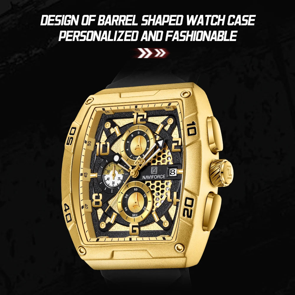 Fashion Brand NAVIFORCE Men Gold Design Quartz Watches Casual Male Wrist Watch Large Dia Multi-function PU Waterproof Clock