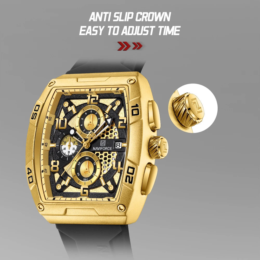 Fashion Brand NAVIFORCE Men Gold Design Quartz Watches Casual Male Wrist Watch Large Dia Multi-function PU Waterproof Clock