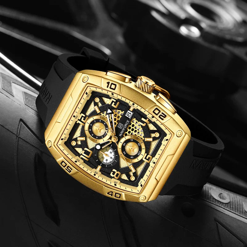 Fashion Brand NAVIFORCE Men Gold Design Quartz Watches Casual Male Wrist Watch Large Dia Multi-function PU Waterproof Clock