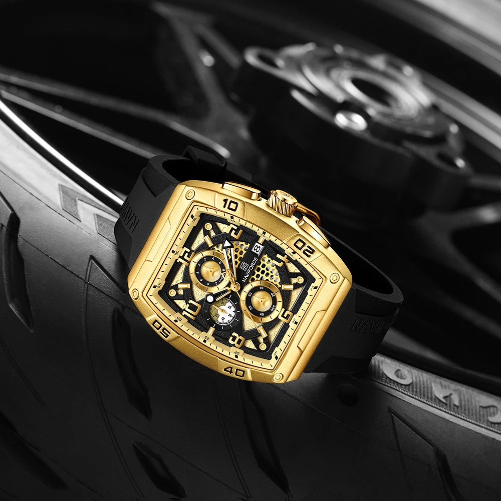 Fashion Brand NAVIFORCE Men Gold Design Quartz Watches Casual Male Wrist Watch Large Dia Multi-function PU Waterproof Clock