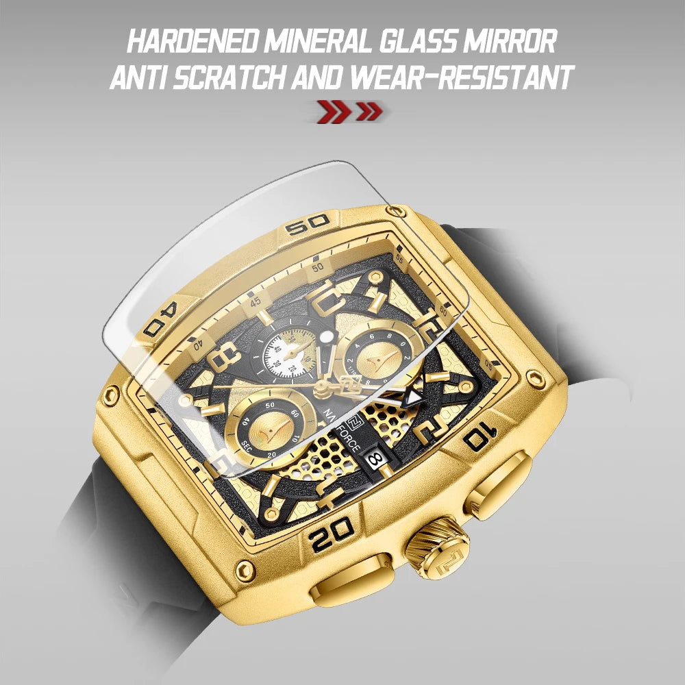 Fashion Brand NAVIFORCE Men Gold Design Quartz Watches Casual Male Wrist Watch Large Dia Multi-function PU Waterproof Clock