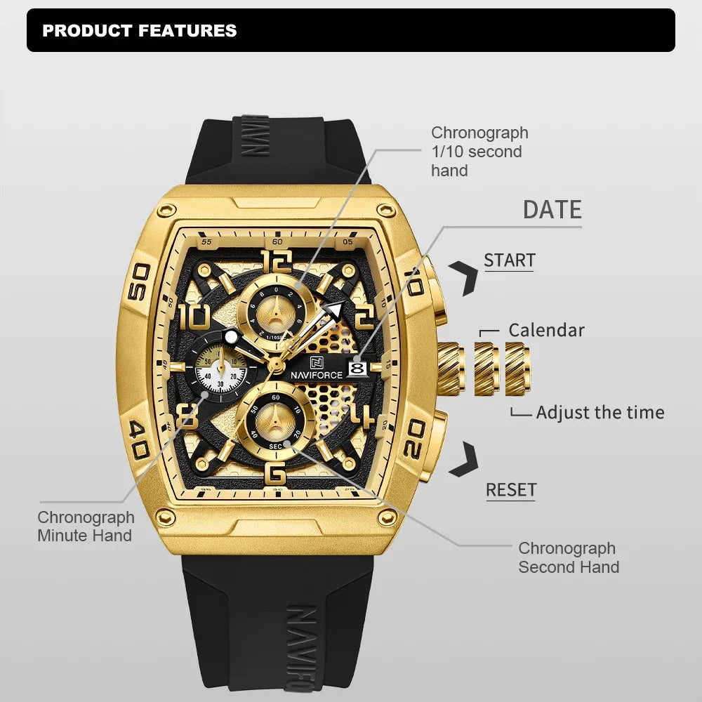 Fashion Brand NAVIFORCE Men Gold Design Quartz Watches Casual Male Wrist Watch Large Dia Multi-function PU Waterproof Clock