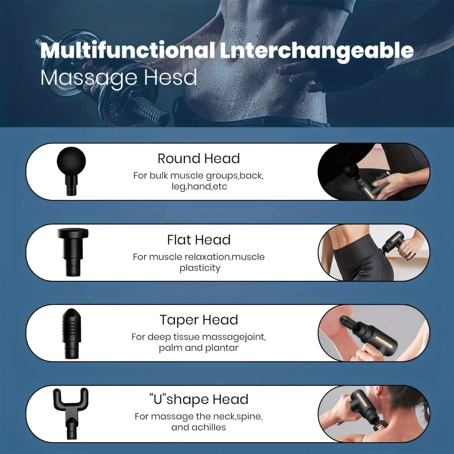 Portable Fascia Massage Gun Deep Tissue Massager Body Muscle Relaxation with LED Touch Screen 4 Replaceable Massage Heads